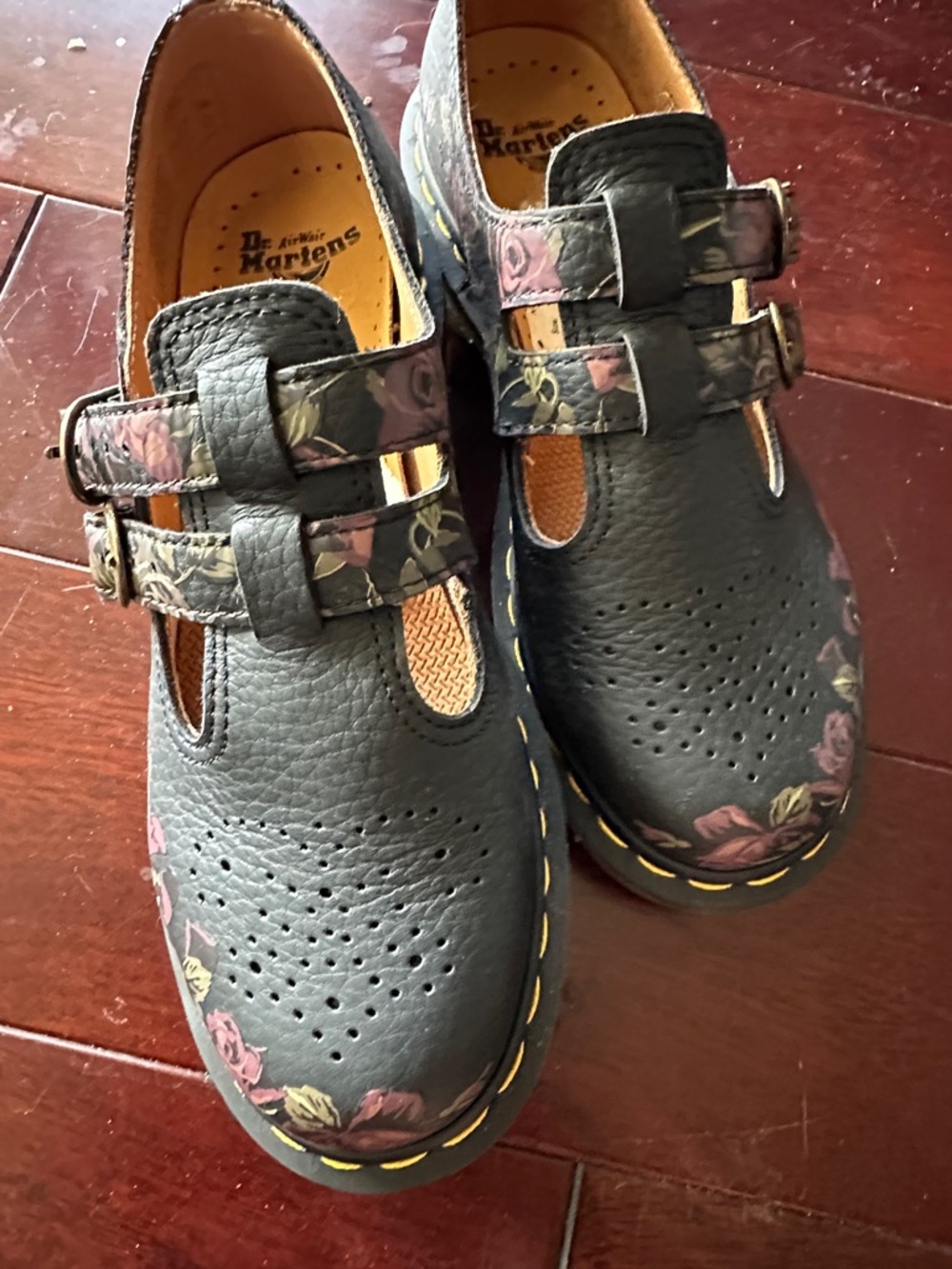 Dr. Martens Black Leather Floral Double-Strap Mary Jane Shoes UK5 Women’s 7